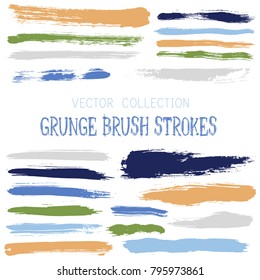 Hipster paint brush strokes vector band, color scheme vintage elements graphic design set. Marker pen traces, highliter hand drawn lines, ink or watercolor paint splashes, horizontal vintage lines.