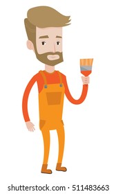 Hipster-Maler mit dem Bart, der eine Pinselspitze hält. Kaukasischer Maler, der mit einem Pinsel in der Hand steht. Junge Maler in Großräumen. Vektorgrafik mit flachem Design, einzeln auf weißem Hintergrund.