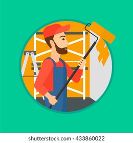 Ein Hipster-Maler in Overalls mit einer Malwalze in Händen. Malermalkwände mit einer Malwalze in einer Wohnung. Vektorflache Design-Illustration im Kreis einzeln auf Hintergrund.