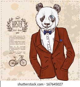 Hipster panda bear in suit, vector illustration hand drawn