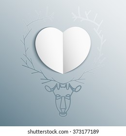 Hipster Paper origami heart concept inside deer horns. Vector Heart on Frozen glass backround withice head of deer with big branchy horns.