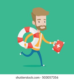 Hipster paramedic läuft mit Erste Hilfe Box. Junge, kaukasische Paramedizin bei Patienten. Notfallarzt, der mit einer Erste-Hilfe-Box und Rettungsschwimmer läuft. Vektorflache Design-Illustration. Quadratisches Layout.