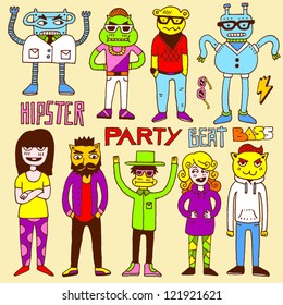 Hipster party doodle set. Vector illustration.