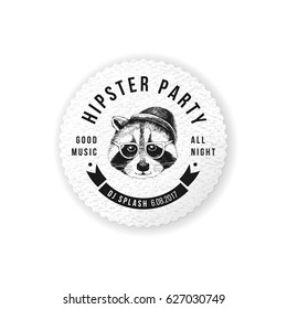 Hipster party round emblem with hand drawn dressed up raccoon. Vector Illustration