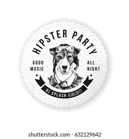 Hipster party round emblem with hand drawn dog pilot. Vector Illustration