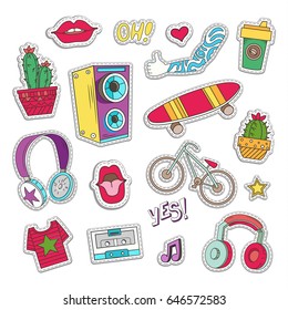 Hipster patch badges in cartoon style. Templates elements of bicycle, headphone, music, cassette, clothes and style. Vector illustration. Set of stickers.