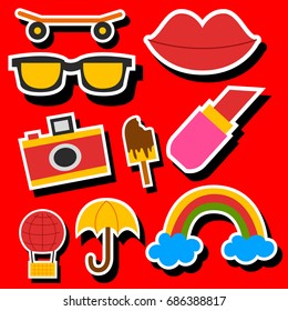 Hipster patches elements like lips, ok sign and diamond hand drawn vector cute fashionable stickers pop art sketch pins.