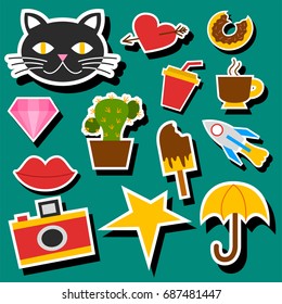 Hipster patches elements like lips, ok sign and diamond hand drawn vector cute fashionable stickers pop art sketch pins.