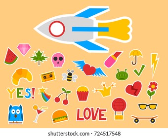 Hipster patches elements like lips, ok sign and diamond hand drawn vector cute fashionable stickers pop art sketch pins.