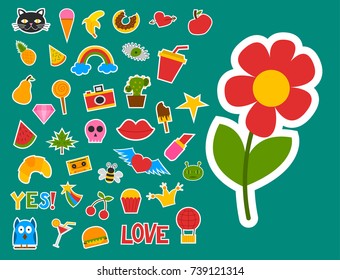 Hipster patches elements like lips, ok sign and diamond hand drawn vector cute fashionable stickers pop art sketch pins.