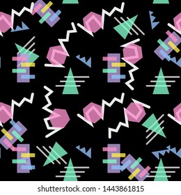 Hipster Pattern Abstract Retro 80 s Jumble Geometric Line Shapes. fashion style seamless on black background. Vector illustration for textile fabric design, paper and website design eps10