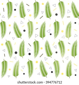 Hipster Pattern Abstract Retro. Palm tree leaf and Jumble Geometric Line Shapes. fashion style seamless background. Vector illustration for textile fabric design, paper and website design