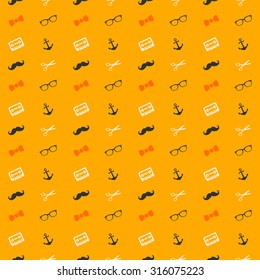 Hipster Pattern: Anchor, Bow Tie, Glasses, Mustache, Cassette and Scissors. Vector Illustration