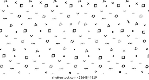 Hipster pattern with black and white geometric forms. Line, square, triangle, circle shape . Retro 80s-90s pattern background. Vector EPS 10