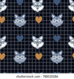 hipster pattern with dogs in glasses on check black background
