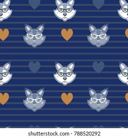 hipster pattern with dogs in glasses on striped blue background