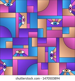 Hipster pattern with eyes in geometric shapes grid scandinavian fashion retro textile print. Patches composition tile. Open eyes bauhaus geometric seamless pattern. Gradient vector design.