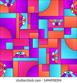 Hipster pattern with eyes in geometric shapes grid 80s and 90s vintage fashion fabric print. Decorative modules illustration. Open eyes bauhaus geometric seamless pattern. Gradient vector design.