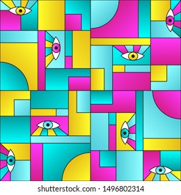 Hipster pattern with eyes in geometric shapes grid scandinavian fashion retro textile print. Patches composition tile. Open eyes bauhaus geometric seamless pattern. Interior vector design.