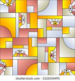Hipster pattern with eyes in geometric shapes grid scandinavian fashion retro textile print. Patches composition tile. Open eyes bauhaus geometric seamless pattern. Gradient vector design.