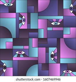 Hipster pattern with eyes in geometric shapes grid mondrian avant garde fashion textile print. Modern background design. Open eyes bauhaus geometric seamless pattern. Gradient vector design.