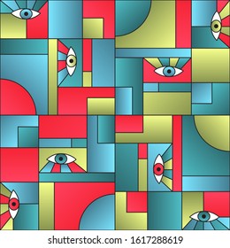 Hipster pattern with eyes in geometric shapes grid scandinavian fashion retro textile print. Patches composition tile. Open eyes bauhaus geometric seamless pattern. Interior vector design.
