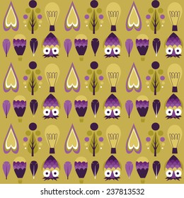 Hipster pattern with hearts, owls, trees, bulbs, balloons and feather