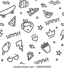 Hipster pattern with old school tattoo elements in doodle style. Ornament for textile and wrapping. Vector summer background.