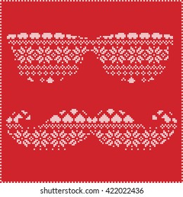 Hipster pattern in Scandinavian Nordic winter stitching  knitting  christmas style with mustache, geek sunglasses, love heart  christmas presents, snow, stars, decorative ornaments on red background
