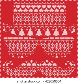 Hipster pattern in Scandinavian Nordic winter stitching  knitting  christmas style with mustache, geek sunglasses and hat with christmas presents, snow, stars, decorative ornaments on red background
