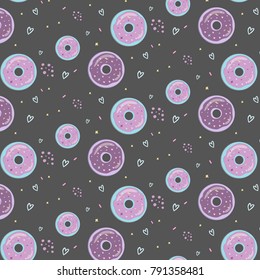 Hipster pattern St Valentina's day with pink blue donut on gray background with and blue heart and yellow cross and pink drop