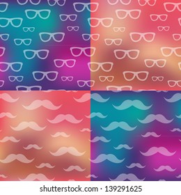 Hipster patterns set on blurred backgrounds. Seamless patterns with glasses and mustache. Vector illustration EPS 10.