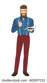 Hipster with pen and pocketbook. Full length portrait of hipster in a flat style. Vector illustration.