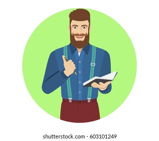 Hipster with pen and pocketbook. Portrait of hipster in a flat style. Vector illustration.
