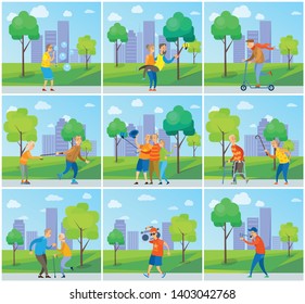 Hipster pensioners vector, man and woman taking selfie with smartphones, modern grandmother and grandfather on scooter, lady rolling, soap bubbles