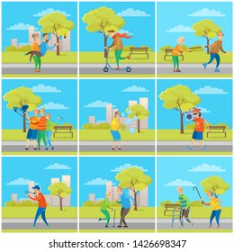Hipster pensioners vector, man and woman taking selfie with smartphones, modern grandmother and grandfather on scooter, old lady rolling, soap bubbles