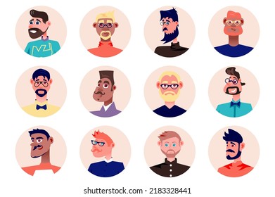 Hipster people avatars isolated set. Diverse fashionable men with different stylish look. Portraits of male mascots with facial expressions. Vector illustration with characters in flat cartoon design