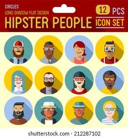 Hipster people flat long shadow design circle icon set. Trendy illustrations.