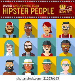 Hipster People Flat Long Shadow Design Square Icon Set. Trendy Illustrations.