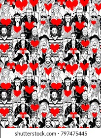 Hipster people, holding hearts in hands. Seamless pattern.