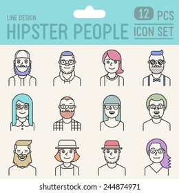 Hipster People Line Design Color Icon Set. Trendy Vector Illustrations.