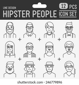 Hipster People Line Design Monochrome Icon Set. Trendy Vector Illustrations.