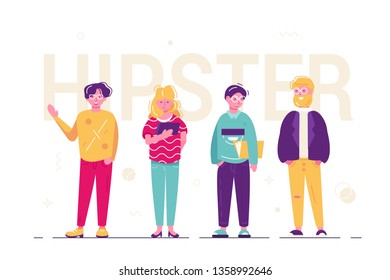 Hipster people standing together vector illustration. Fashionable men and woman dressed in trendy clothes flat style concept. Urban citizen characters