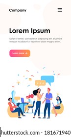 Hipster people talking and using computers in co-working. Creative team meeting and working in open space. Vector illustration for workplace, teamwork, business concept