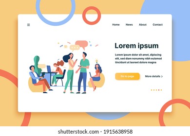 Hipster people talking and using computers in co-working. Creative team meeting and working in open space. Vector illustration for workplace, teamwork, business concept