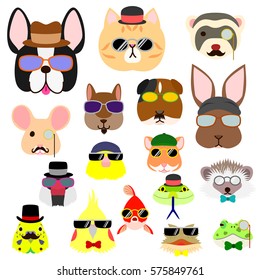 hipster pet animals faces set