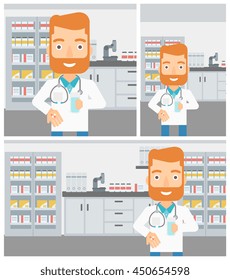 A hipster pharmacist with the beard in medical gown holding in hands a glass of water and pills in the laboratory. Vector flat design Illustration. Square, horizontal, vertical layouts.