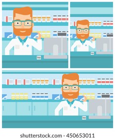 A hipster pharmacist with the beard standing at the counter and showing a box of pills in the pharmacy. Vector flat design Illustration. Square, horizontal, vertical layouts.