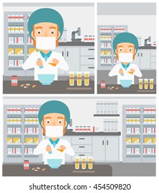 A hipster pharmacist with the beard using mortar and pestle for preparing medicine in the laboratory. Vector flat design Illustration. Square, horizontal, vertical layouts.