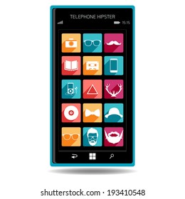 Hipster phone, screen, icons, glasses, mustache, beard
